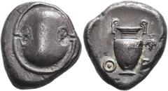 Greek BOEOTIA. Thebes. Circa 425-400 BC. Stater (Silver, 22 mm, 11.60 g). Boeotian shield. Rev. Θ-E Amphora; to right, grape bunch on vine; all within incuse square. BCD Boiotia 398 ( this coin ). BMC