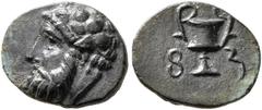 Greek LYDIA. Sardes (?). 4th century BC. Chalkous (Bronze, 13 mm, 1.23 g, 11 h). Head of Dionysos to left, wearing wreath of ivy and fruit. Rev. 𐤮- 𐤱 ('s-f' in Lydian) Kantharos. S. Brackmann: Auton