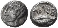 Greek LYDIA. Uncertain. Ifes, Lydian usurper, circa 450/425-400 BC. Tetartemorion (?) (Silver, 5 mm, 0.22 g, 2 h). Youthful male head to left. Rev. 𐤦𐤱𐤤𐤩𐤦𐤪 ('ifelim' in Lydian) Grain of wheat. CN