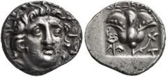Greek ISLANDS OFF CARIA, Rhodos. Rhodes. Circa 170-150 BC. Hemidrachm (Silver, 13 mm, 1.44 g, 12 h), 'Plinthophoric' coinage, Dexikrates, magistrate. Radiate head of Helios facing slightly to right. R