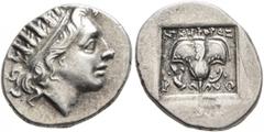 Greek ISLANDS OFF CARIA, Rhodos. Rhodes. Circa 88-84 BC. Drachm (Silver, 16 mm, 2.69 g, 12 h), 'Plinthophoric' coinage, Nikephoros, magistrate. Radiate head of Helios to right. Rev. ΝΙΚΗΦΟΡΟΣ / P - O 