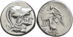 Greek PAMPHYLIA. Side. Circa 205-100 BC. Tetradrachm (Silver, 29 mm, 16.99 g, 11 h), De..., magistrate. Head of Athena to right, wearing crested Corinthian helmet; on cheek, countermark: bow in bowcas