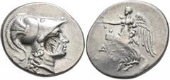 Greek PAMPHYLIA. Side. Circa 205-100 BC. Tetradrachm (Silver, 31 mm, 16.82 g, 1 h), De..., magistrate. Head of Athena to right, wearing crested Corinthian helmet; on cheek, countermark: bow in bowcase