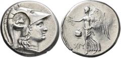 Greek PAMPHYLIA. Side. Circa 205-100 BC. Tetradrachm (Silver, 31 mm, 16.84 g, 12 h), Chry..., magistrate. Head of Athena to right, wearing crested Corinthian helmet; on helmet, countermark: bow in bow