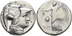 Greek PAMPHYLIA. Side. Circa 205-100 BC. Tetradrachm (Silver, 27 mm, 16.75 g, 11 h), Chry..., magistrate. Head of Athena to right, wearing crested Corinthian helmet; on helmet, countermark: bow in bow