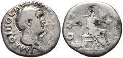 Roman Imperial Otho, 69. Denarius (Subaeratus, 18 mm, 3.17 g, 6 h), a contemporary plated imitation, irregular mint. IMP OTHO CAESAR A[...] Bare head of Otho to right. Rev. PONT [MAX] Jupiter seated o