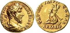 Roman Imperial Lucius Verus, 161-169. Aureus (Gold, 18 mm, 6.77 g, 7 h), Rome, 164. •L•VERVS AVG ARMENIACVS Laureate, draped and cuirassed bust of Lucius Verus to right, seen from behind. Rev. TR P II