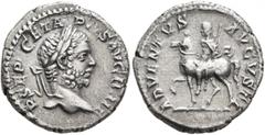 Roman Imperial Geta, 209-211. Denarius (Silver, 18 mm, 3.22 g, 6 h), Rome. P SEPT GETA PIVS AVG BRIT Laureate head of Geta to right. Rev. ADVENTVS AVGVSTI Geta on horseback to left, raising his right 