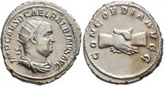 Roman Imperial Balbinus, 238. Antoninianus (Silver, 22 mm, 5.17 g, 5 h), Rome, April-June 238. IMP CAES D CAEL BALBINVS AVG Radiate, draped and cuirassed bust of Balbinus to right. Rev. CONCORDIA AVGG