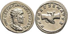 Roman Imperial Pupienus, 238. Antoninianus (Silver, 22 mm, 4.48 g, 6 h), Rome, circa April-June 238. IMP CAES M CLOD PVPIENVS AVG Radiate, draped and cuirassed bust of Pupienus to right, seen from beh
