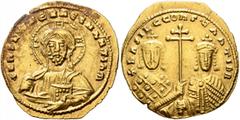 Byzantine Basil II Bulgaroktonos, with Constantine VIII, 976-1025. Histamenon (Gold, 23 mm, 4.37 g, 6 h), Constantinopolis, circa 989-1001. +IҺS XIS RЄX RЄGNANTIҺm Nimbate bust of Christ facing, weari