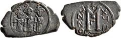 Early Medieval & Islamic ISLAMIC, Time of the Rashidun. Pseudo-Byzantine types. Fals (Bronze, 18x29 mm, 5.32 g, 6 h), imitating a 'Cyprus follis', uncertain mint, AH 15/16-23/4 = AD 637-643. Three imp