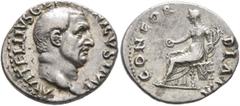Roman Imperial Vitellius, 69. Denarius (Silver, 19 mm, 3.53 g, 7 h), Rome, late April-20 December 69. A VITELLIVS GERMANICVS IMP Bare head of Vitellius to right. Rev. CONCORDIA P R Concordia seated le