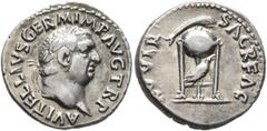 Roman Imperial Vitellius, 69. Denarius (Silver, 18 mm, 3.31 g, 6 h), Rome, late April-20 December 69. A VITELLIVS GERM IMP AVG TR P Laureate head of Vitellius to right. Rev. XV VIR SACR FAC Tripod wit