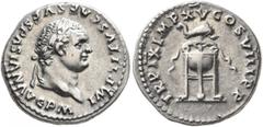 Roman Imperial Titus, 79-81. Denarius (Silver, 18 mm, 3.54 g, 7 h), Rome, January-June 80. IMP TITVS CAES VESPASIAN AVG P M Laureate head of Titus to right. Rev. TR P IX IMP XV COS XVIII P P Dolphin s