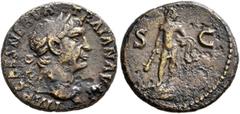 Roman Imperial Trajan, 98-117. Semis (Orichalcum, 17 mm, 2.45 g, 7 h), Rome, circa 99-105. IMP CAES NERVA TRAIAN AVG Laureate head of Trajan to right. Rev. S - C Hercules standing front on base, nude 