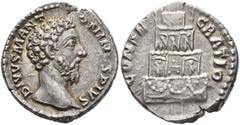 Roman Imperial Divus Marcus Aurelius, died 180. Denarius (Silver, 18 mm, 3.36 g, 6 h), Rome, 180. DIVVS M ANTONINVS PIVS Bare head of Divus Marcus Aurelius to right. Rev. CONSECRATIO Funeral pyre of f