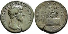 Roman Imperial Lucius Verus, 161-169. Sestertius (Orichalcum, 32 mm, 26.01 g, 12 h), Rome, March-December 161. IMP CAES L AVREL VERVS AVG Bare-headed bust of Lucius Verus to right, with slight drapery