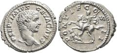 Roman Imperial Geta, as Caesar, 198-209. Denarius (Silver, 20 mm, 3.48 g, 1 h), Rome, early 209. P SEPTIMIVS GETA CAES Bare head of Geta to right. Rev. PONTIF COS II Geta on horseback galloping to lef
