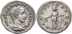 Roman Imperial Gordian III, 238-244. Denarius (Silver, 20 mm, 3.00 g, 11 h), Rome, 241-243. IMP GORDIANVS PIVS FEL AVG Laureate, draped and cuirassed bust of Gordian III to right, seen from behind. Re