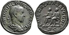 Roman Imperial Philip II, 247-249. Sestertius (Orichalcum, 30 mm, 19.36 g, 12 h), Rome. IMP M IVL PHILIPPVS AVG Laureate, draped and cuirassed bust of Philip II to right, seen from behind. Rev. LIBERA