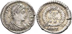 Roman Imperial Valens, 364-378. Siliqua (Silver, 18 mm, 1.93 g, 6 h), Antiochia, 367-375. D N VALENS PER F AVG Pearl-diademed, draped and cuirassed bust of Valens to right. Rev. VOT / X / MVLT / XX in