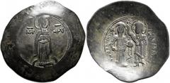 Byzantine Andronicus I Comnenus, 1183-1185. Aspron Trachy (Billon, 30 mm, 4.61 g, 6 h), Constantinopolis. The Virgin, nimbate, standing facing on dais, wearing pallium and maphorium, holding before He