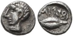 Greek LYDIA. Uncertain. Ifes, Lydian usurper, circa 450/425-400 BC. Tetartemorion (?) (Silver, 6 mm, 0.29 g, 3 h). Youthful male head to left. Rev. 𐤦𐤱𐤤𐤩𐤦𐤪 ('ifelim' in Lydian) Grain of wheat. CN