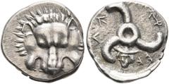 Greek DYNASTS OF LYCIA. Perikles, circa 380-360 BC. 1/3 Stater (Silver, 16 mm, 3.09 g). Facing lion's scalp. Rev. 𐊓𐊁𐊕-𐊆𐊋-𐊍𐊁 ('Perikle' in Lycian) Triskeles; below, facing head of Hermes wearing