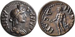 Roman Provincial LYDIA. Silandus. Pseudo-autonomous issue. Hemiassarion (Bronze, 17 mm, 2.57 g, 6 h), late 1st century AD. ΘΕΑN ΡΩΜΗN Draped bust of Roma to right, wearing polos. Rev. ϹΙΛΑΝΔЄΩΝ Apollo