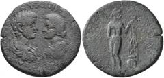 Roman Provincial CARIA. Cnidus. Caracalla, with Plautilla, 198-217. Tetrassarion (Bronze, 33 mm, 17.22 g, 1 h), 202-205. [AY K M] ANTΩNINOC / [ΦOYPBIA ΠΛΑΥΤΙΛΛΑ] Laureate, draped and cuirassed bust of