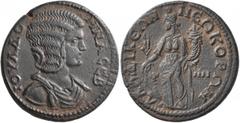 Roman Provincial PHRYGIA. Laodicea ad Lycum. Julia Domna, Augusta, 193-217. Tetrassarion (Bronze, 29 mm, 11.92 g, 5 h), CY 88 = 211/2. IOYΛ ΔOMNA CЄB Draped bust of Julia Domna to right. Rev. ΛAOΔIKЄΩ