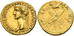 Roman Imperial Nero Claudius Drusus, died 9 BC. Aureus (Gold, 19 mm, 7.74 g, 5 h), Lugdunum, struck under Claudius, circa 41-42. NERO CLAVDIVS DRVSVS GERMANICVS IMP Head of Nero Claudius Drusus to lef