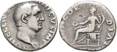 Roman Imperial Vitellius, 69. Denarius (Silver, 17 mm, 2.95 g, 6 h), Rome, late April-20 December 69. A VITELLIVS [GERM]ANICVS IMP Bare head of Vitellius to right. Rev. [CO]NCORDIA P R Concordia seate
