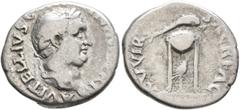 Roman Imperial Vitellius, 69. Denarius (Silver, 18 mm, 3.00 g, 6 h), Rome, late April-20 December 69. A VITELLIVS GERM IMP AVG TR P Laureate head of Vitellius to right. Rev. XV VIR SACR FAC Tripod wit