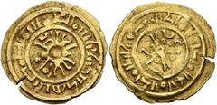 World ITALY. Sicilia. Anonymous, circa 11 century. 1/4 Dinar (Gold, 17 mm, 1.15 g), an interesting local imitation of a Fatimid 1/4 dinar. Pseudo-Kufic legend in inner cirlcle and outer margin. Rev. P