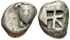 Greek Coins Islands off Attica, Aegina. Ca. 525/0-480 B.C. AR stater (16 mm, 12.28 g). Sea turtle, head in profile, with thick collar and row of dots down its back (worn) / Incuse square of 'Union Jac