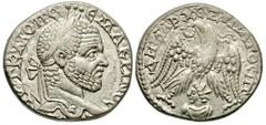 Roman Provincial Coins Syria, Seleucis and Pieria. Emisa. Macrinus. A.D. 217-218. AR tetradrachm (24 mm, 10.33 g, 12 h). Laureate head of Macrinus right / Eagle standing facing, head left, holding wre