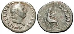 Roman Imperial Coins Vitellius. A.D. 69. AR denarius (18 mm, 3.24 g, 6 h). Rome. A VITELLIVS GE[RM IMP] AVG TR P, laureate head of Vitellius right / [PO]NT MAXIM, Vesta, veiled, seated right, holding 