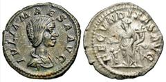 Roman Imperial Coins Julia Maesa. Augusta, A.D. 218-224/5. AR denarius (19 mm, 3.07 g, 7 h). Rome, under Elagabalus, A.D. 218-220. IVLIA MAESA AVG, draped bust of Julia Maesa right / FECVNDITAS AVG, F