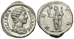 Roman Imperial Coins Julia Mamaea. Augusta, A.D. 222-235. AR denarius (18 mm, 3.19 g, 6 h). Rome, under Severus Alexander, A.D. 226. IVLIA MA-MAEA AVG, draped bust of Julia Mamaea right / VE-S-TA, Ves