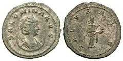 Roman Imperial Coins Salonina. Augusta, A.D. 254-268. BI antoninianus (22 mm, 4.19 g, 12 h). Antioch, under Gallienus, A.D. 265. SALONINA AVG, diademed and draped bust of Salonina right, resting on a 