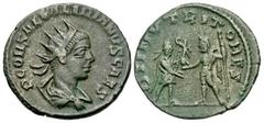 Roman Imperial Coins Saloninus. As Caesar, A.D. 255-259. BI antoninianus (20 mm, 3.59 g, 12 h). Antioch, under Gallienus and Valerian I, A.D. 257-260. P COR SAL VALERIANVS CAES, radiate and draped bus