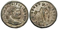 Roman Imperial Coins Galerius. As Caesar, A.D. 293-305. Æ follis (26 mm, 9.94 g, 12 h). Thessalonica, A.D. 298/9. GAL VAL MAXIMIANVS NOB CAES, laureate head of Galerius right / GENIO POPV-L-I ROMANI, 