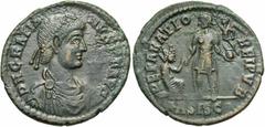 Roman Imperial Coins Gratian. A.D. 367-383. Æ (24 mm, 4.81 g, 12 h). Siscia, A.D. 379-383. D N GRATIA-NVS P F AVG, diademed, draped and cuirassed bust of Gratian right / REPARATIO REIPVB, emperor stan
