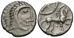 Celtic Coins Britain, East Anglian Region. Iceni. Early uninscribed issues. Mid-1st century B.C. AR unit (12 mm, 1.15 g, 6 h). Norfolk God (moustache) type. Mustachioed male head right; behind, grain 