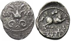 Celtic Coins Britain, North Thames Region. Catuvellauni & Trinovantes. Cunobelinus. Ca. A.D. 8-41. AR unit (12 mm, 1.20 g, 6 h). Cunobelinus Flower type. Camulodunum. CA-MV, flower / CVNO in exergue, 