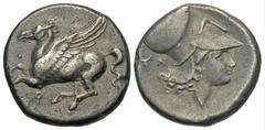 Greek Coins Corinthia, Corinth. Ca. 375-300 B.C. AR stater (19 mm, 8.34 g, 6 h). 'Koppa' below, Pegasos flying left / Helmeted head of Athena right; behind, bucranium and N. Ravel 1064; Pegasi 382; BC