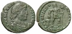 Roman Imperial Coins Valentinian I. A.D. 364-375. Æ (17 mm, 2.38 g, 6 h). Constantinople. D N VALENTINIANVS P F AVG, diademed, draped and cuirassed bust of Valentinian I right / GLORIA RO-MANORVM, emp