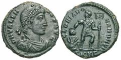 Roman Imperial Coins Valens. A.D. 364-378. Æ (17 mm, 3.11 g, 6 h). Heraclea, A.D. 364-367. D N VALEN-S P F AVG, diademed, draped and cuirassed bust of Valens right / GLORIA RO-MANORVM, emperor advanci